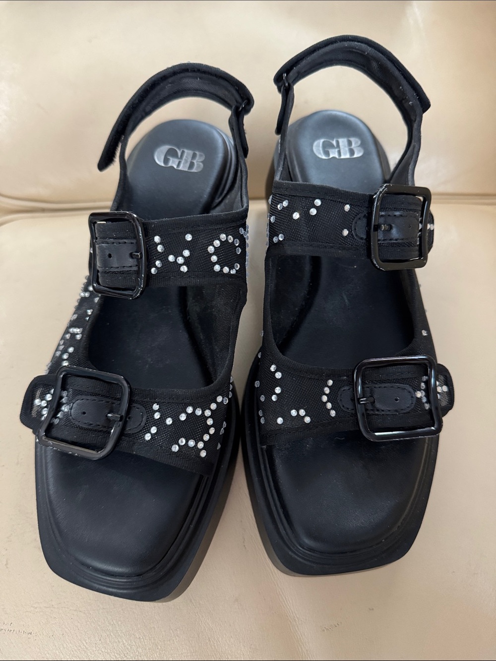 GB Black Studded Buckle Platform Sandals
